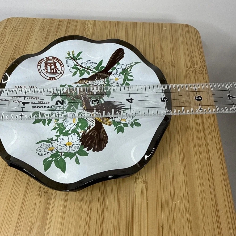 Vintage MCM Enamel Ashtray State Of Georgia Flower And Bird Round 5.5